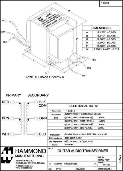 Hammond 1750T VOX®-Stil Übertrager AC30 Reissue